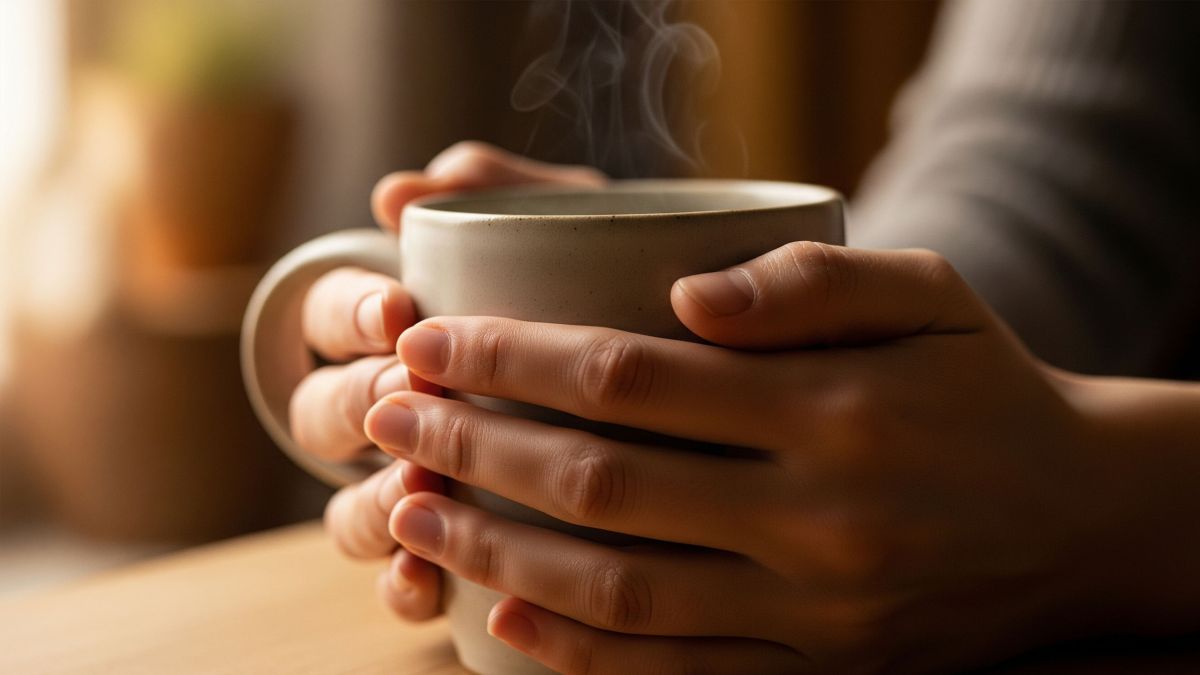 A person's hands wrapped around a warm mug, demonstrating a simple self-care technique for nervous system regulation through warmth and touch.