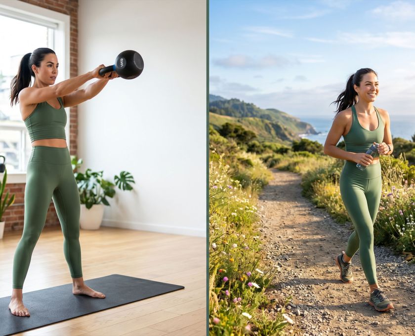A woman practicing a balanced routine of strength training and outdoor walking for hormonal health.
