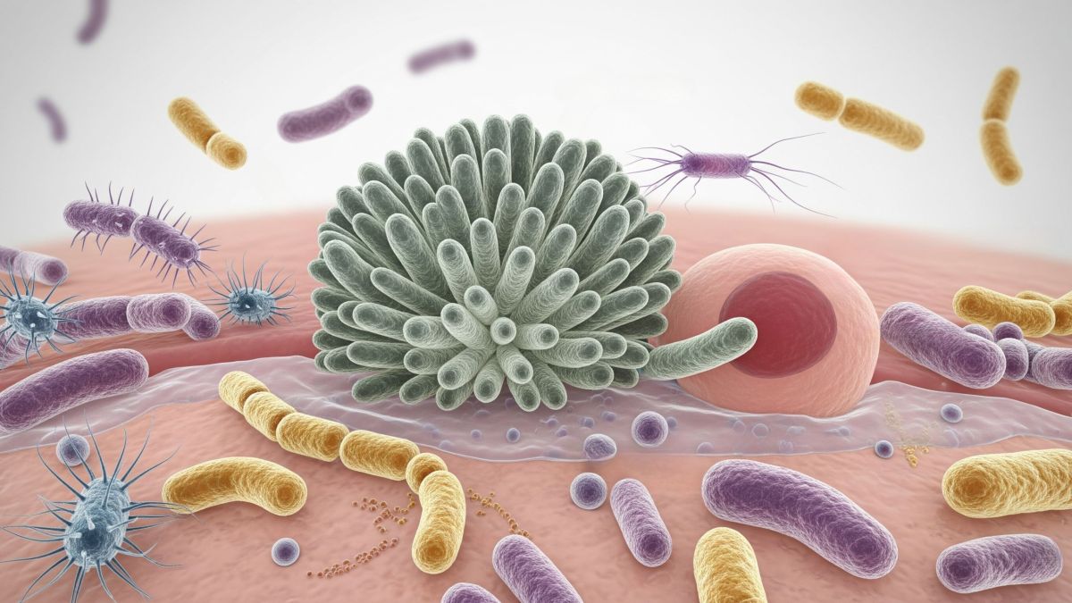 Illustration of the vaginal microbiome showing beneficial bacteria like Lactobacillus
