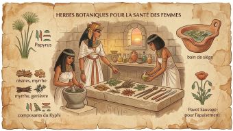 Herbes séchées, parchemin et récipients en argile représentent d'anciens remèdes botaniques utilisés pour la santé des femmes à travers l'histoire.