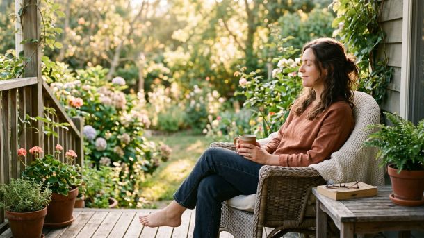 Woman sitting peacefully outdoors in soft morning light with eyes closed, representing emotional balance and calm