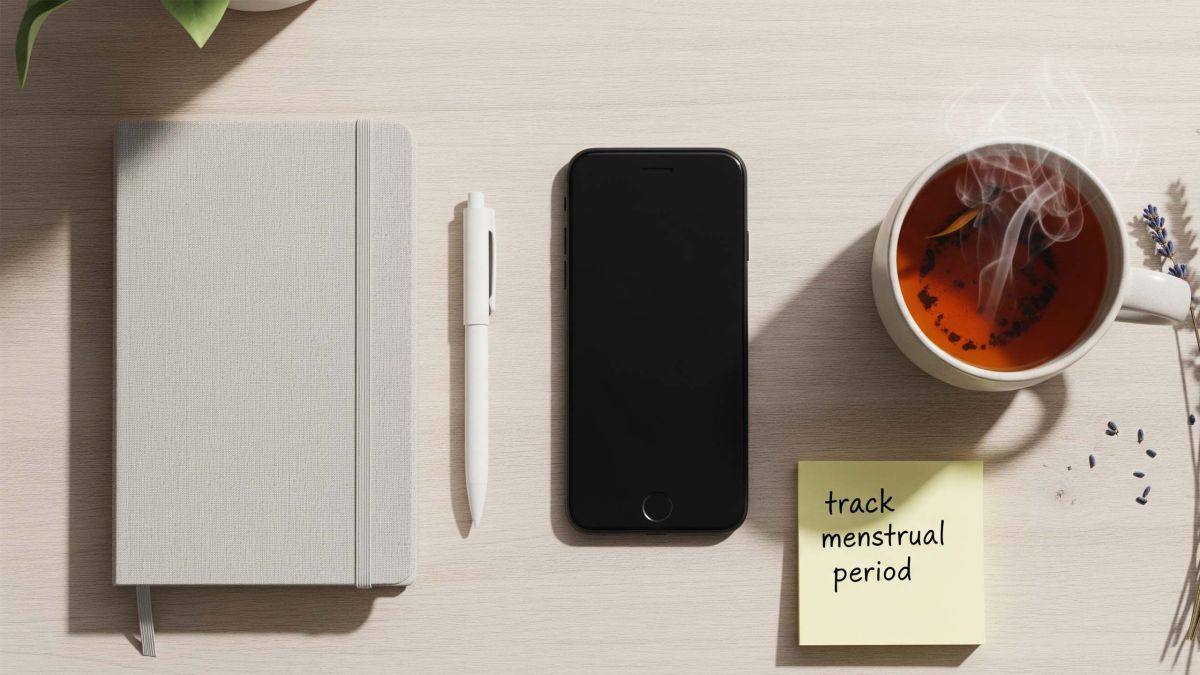 Smartphone with period tracking app, notebook, and tea for menstrual cycle planning