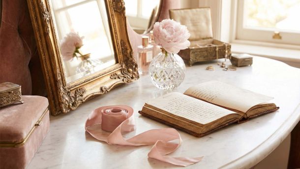 A sophisticated feminine vanity featuring a gold mirror and journal, representing the history of women's private education and health.