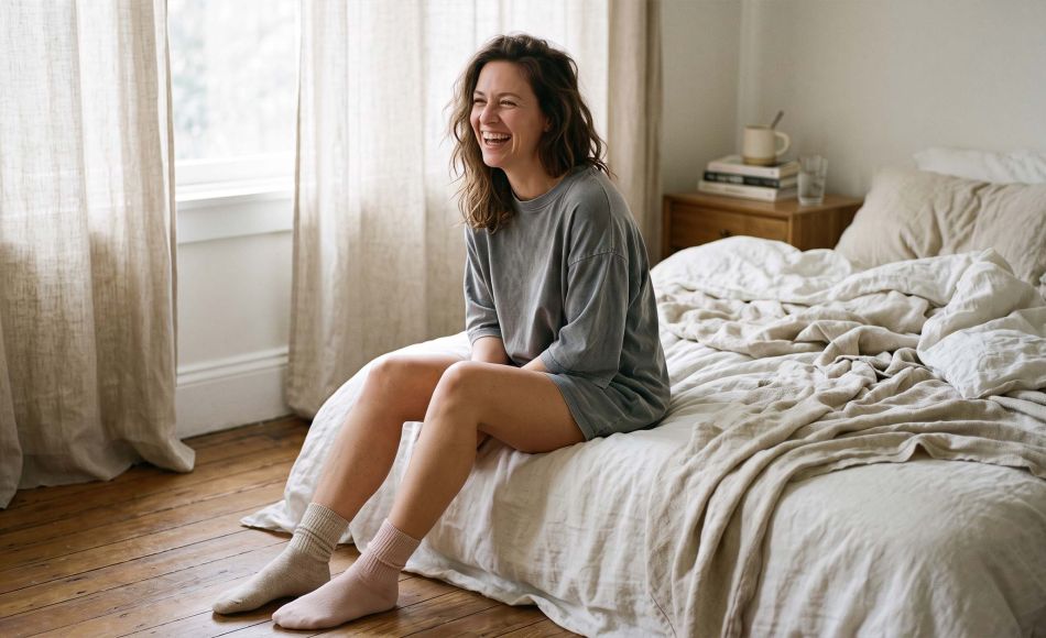 Woman sitting on the edge of an unmade bed in an oversized cotton t-shirt and mismatched socks in soft morning light, illustrating what women actually wear to sleep