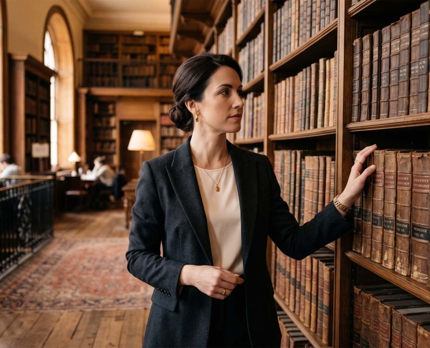 Elegant woman studying antique anatomy books in a historical medical library, illustrating the history of the wandering womb theory in women's medicine