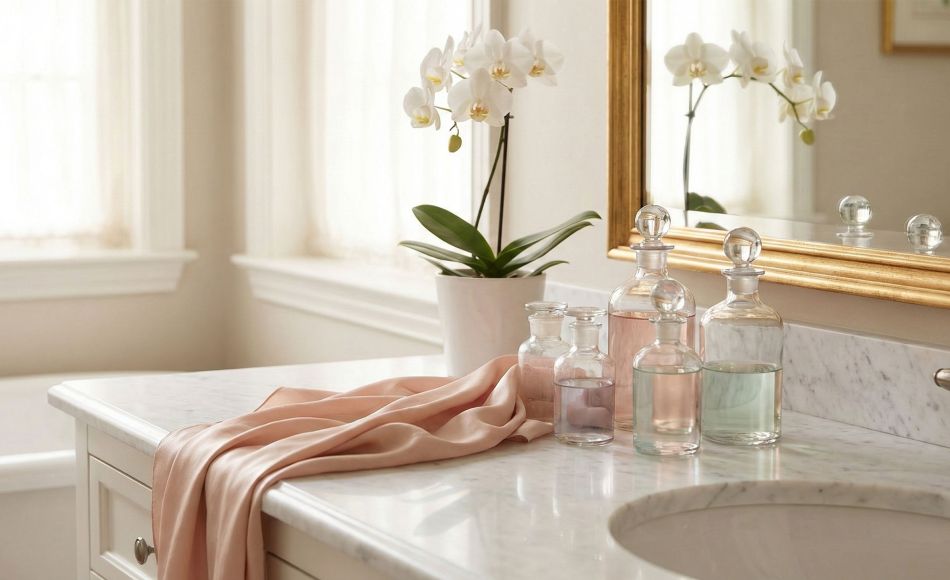 Elegant vanity with luxury skincare bottles and orchids representing global feminine beauty.