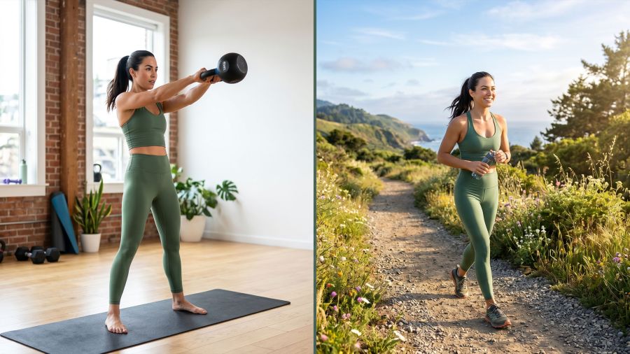 A woman practicing a balanced routine of strength training and outdoor walking for hormonal health.