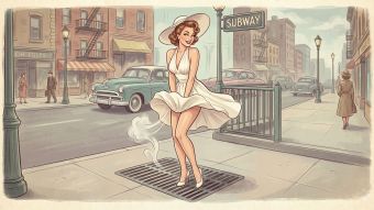 Illustration artistique d'une belle femme en robe vintage blanche &agrave; encolure am&eacute;ricaine debout sur une grille de m&eacute;tro