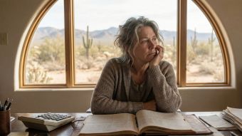 Thoughtful 55-year-old woman reflecting on career and family regrets at her accounting desk
