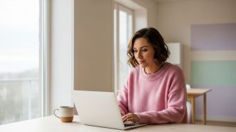 Femme travaillant &agrave; distance &agrave; une table ensoleill&eacute;e, sugg&eacute;rant libert&eacute; et concentration
