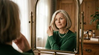 Eine elegante reife Frau, die über ihre Lebensreise und körperlichen Veränderungen nachdenkt.