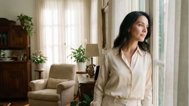 Una mujer reflexionando en una habitación serena y bañada por la luz del sol, que representa paz emocional y gracia femenina.