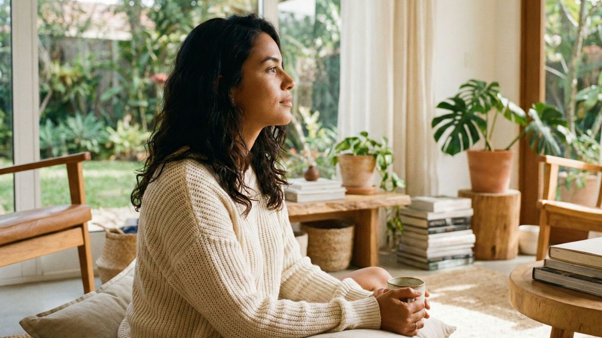 Uma mulher praticando respiração consciente em um ambiente claro e tranquilo para reduzir o estresse.