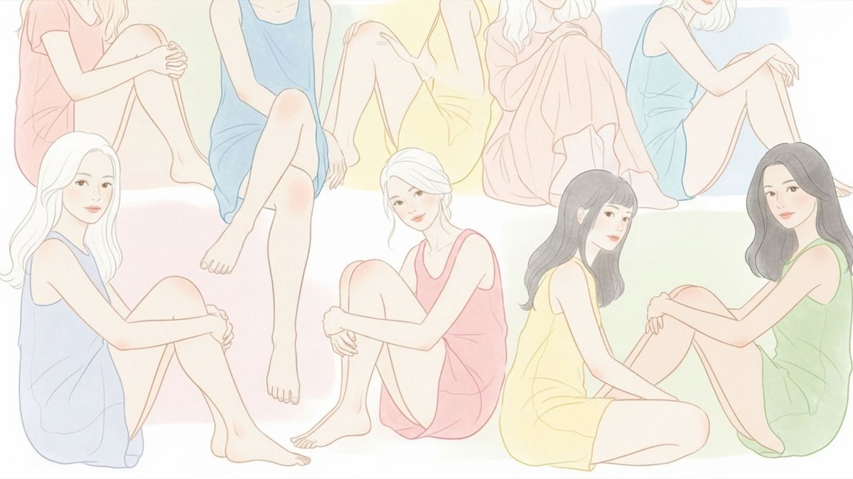Ilustraci&oacute;n suave en tonos pastel de mujeres sentadas con modestia, simbolizando la comodidad con la apariencia del propio cuerpo.
