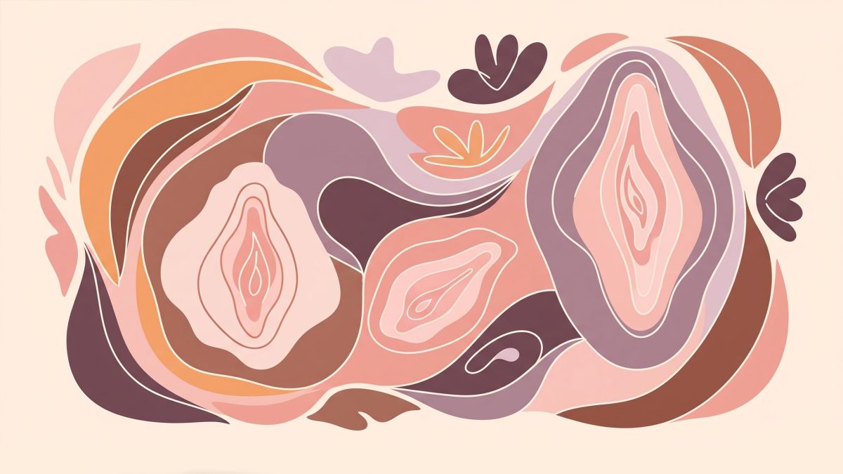 Alt: Una ilustración abstracta que presenta representaciones estilizadas de diversas formas de vulva, representadas con suaves curvas y pétalos superpuestos en tonos suaves de rosa, morado y tierra.