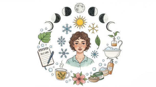 Woman surrounded by seasonal symbols and menstrual phases, representing self-care by cycle