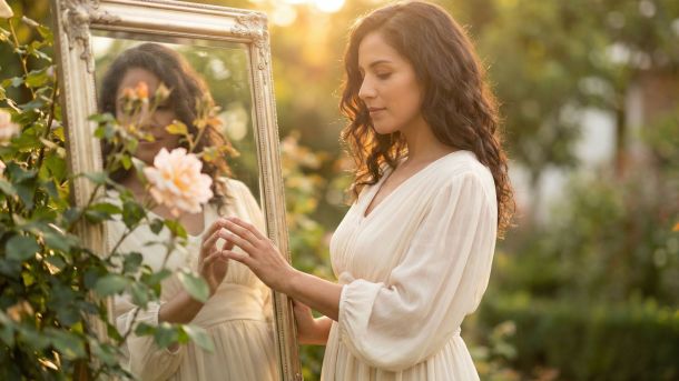 Una mujer en luz suave reflexionando sobre su camino hacia la confianza corporal y el amor propio.