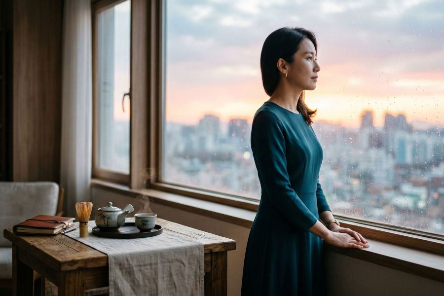 A reflective Asian woman symbolizing the balance of modern life and traditional cultural values of intimacy.