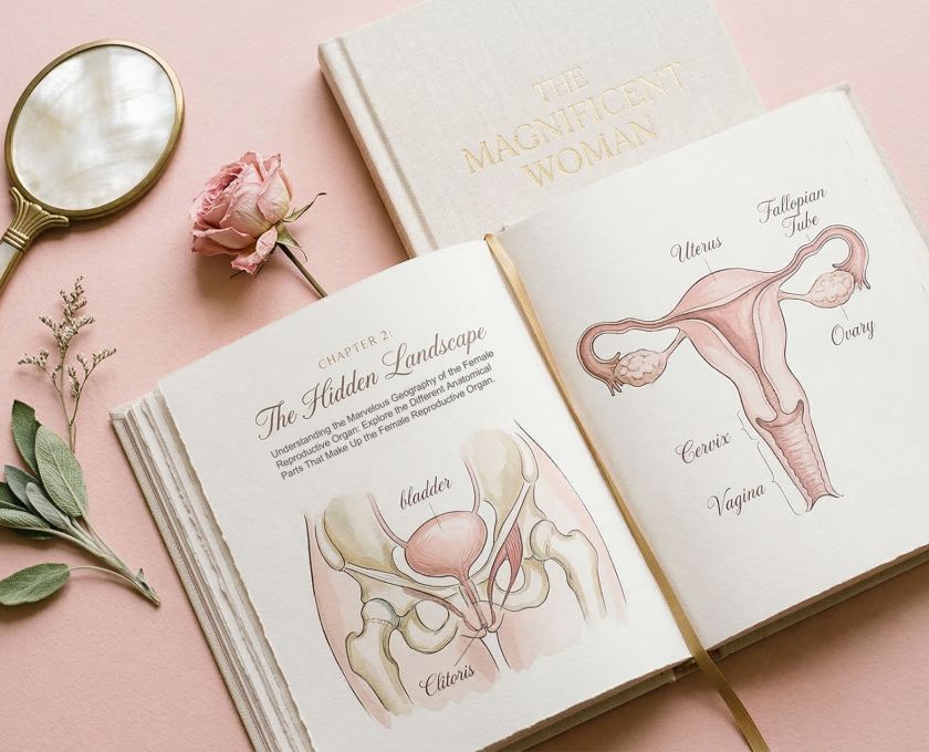 Illustrated open anatomy reference book surrounded by soft botanical elements on a blush pink background, representing accessible women’s health education.