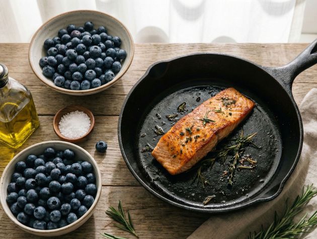 A variety of anti-inflammatory foods like salmon, berries, and healthy fats on a rustic wooden table.