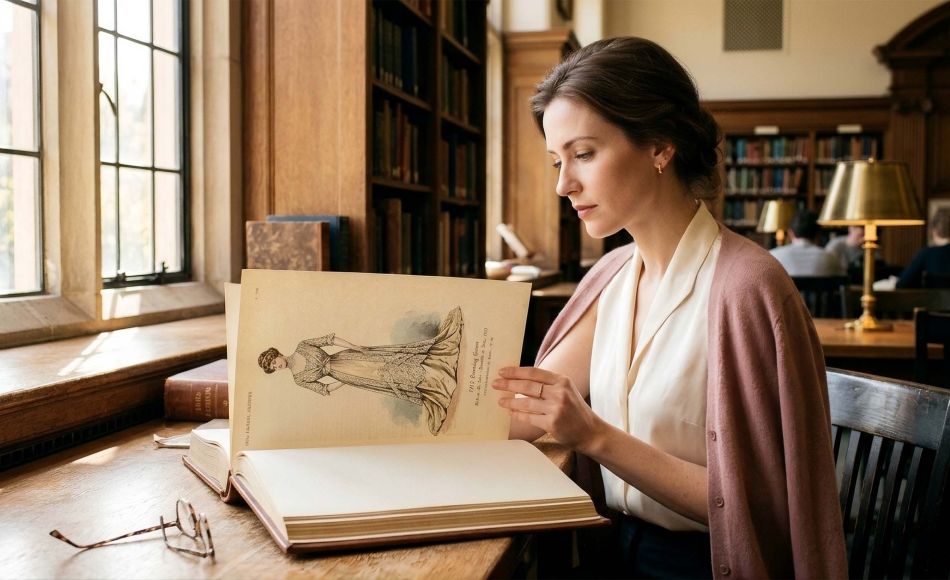 Woman in a historic library reading a bound volume of 1910s fashion magazines, researching when women started shaving their armpits
