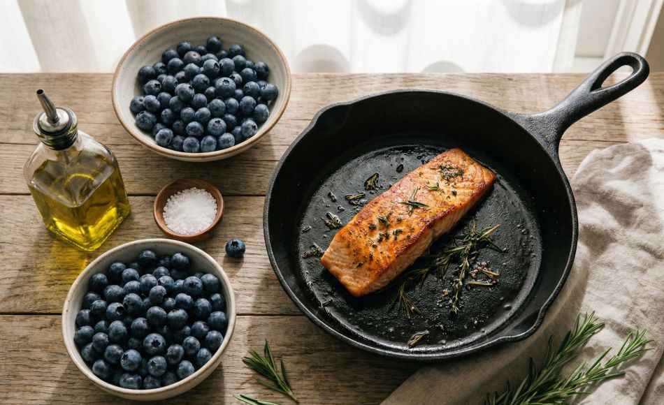 A variety of anti-inflammatory foods like salmon, berries, and healthy fats on a rustic wooden table.