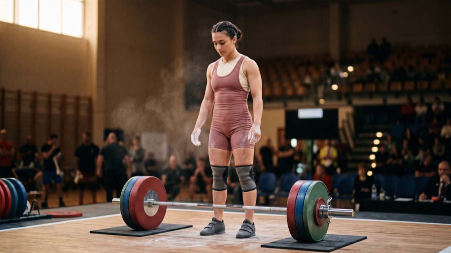 Female weightlifter chalking her hands at a competition platform, illustrating the pelvic floor under pressure during heavy lifting