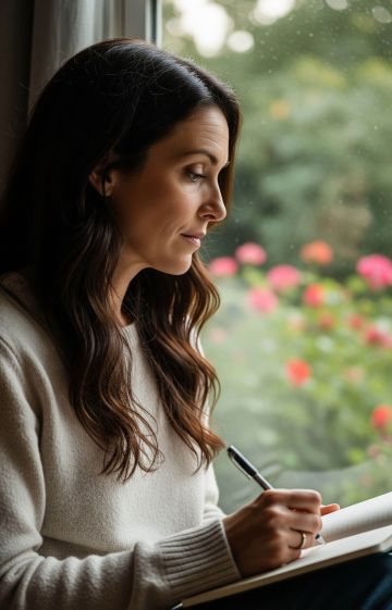 A woman journaling by a window, reflecting on her life story.