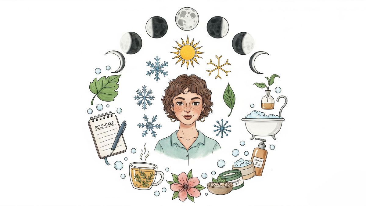 Femme entourée de symboles saisonniers et de phases menstruelles, représentant un soin cyclique