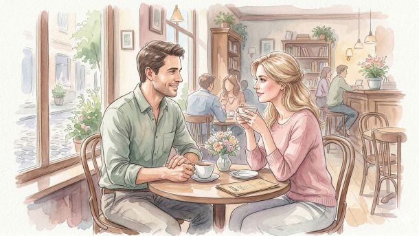 A man and woman engaging in a respectful first meeting, showcasing positive non-verbal cues.