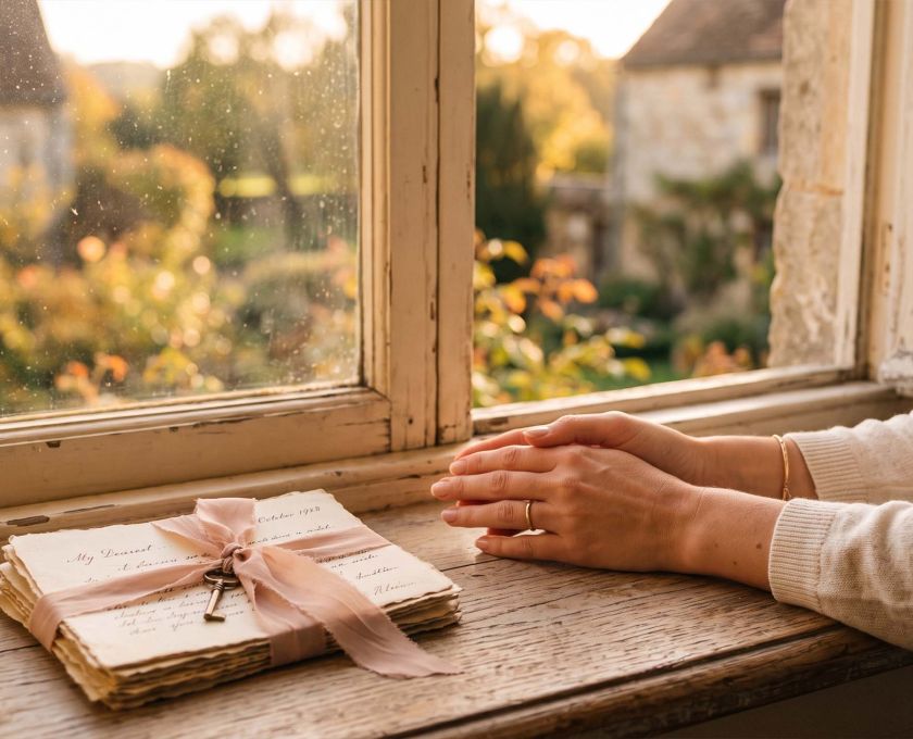 Woman's hands resting beside handwritten love letters in soft window light, representing the history of romantic anticipation