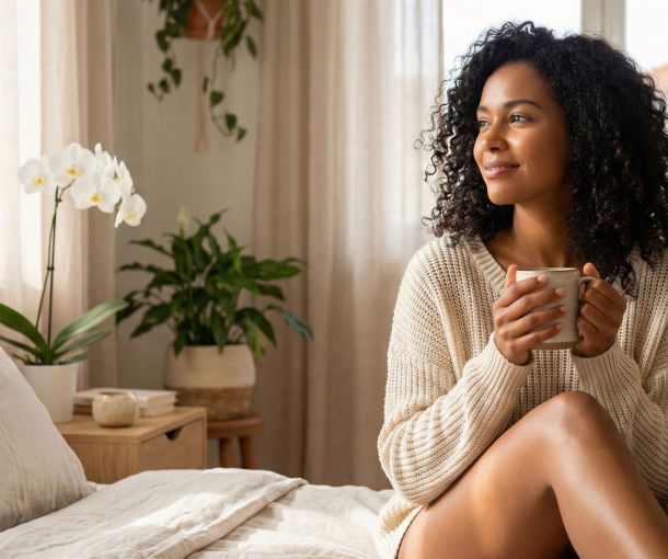 Uma mulher tranquila em um ambiente suavemente iluminado, representando receptividade feminina e harmonia biológica.