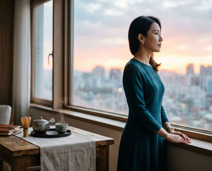 A reflective Asian woman symbolizing the balance of modern life and traditional cultural values of intimacy.