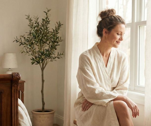 Une femme paisible réfléchissant dans une pièce doucement éclairée, symbolisant la réceptivité féminine et l’harmonie biologique.