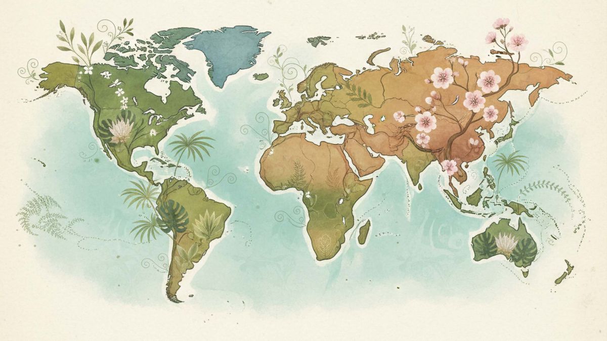World map with cultural herbal and wellness symbols for vaginal care traditions.