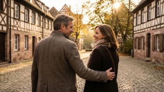 Ein sicherer Mann zeigt schützende, traditionelle Führungsqualitäten bei einem Date.