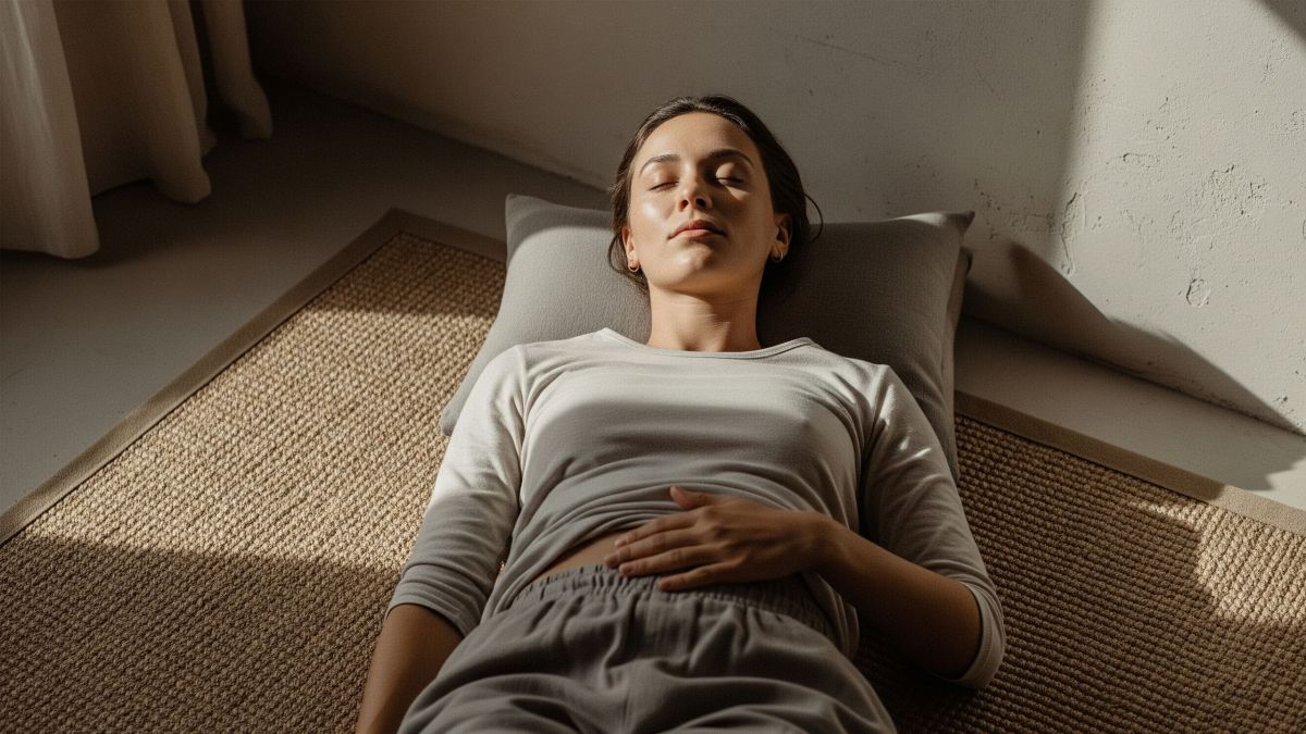 Une femme pratique la forme physique somatique en s'allongeant et en se concentrant sur sa respiration et ses sensations corporelles.