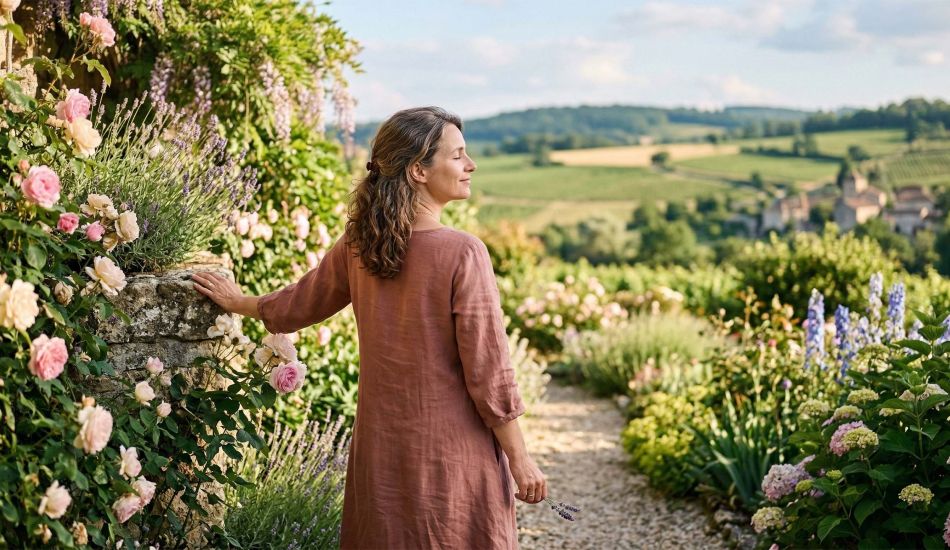A thoughtful woman in a sunlit garden, symbolizing the transition and peace of menopause.