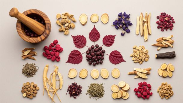 Une collection de plantes séchées comme le gattilier et la feuille de framboisier utilisées pour soutenir la santé hormonale des femmes.