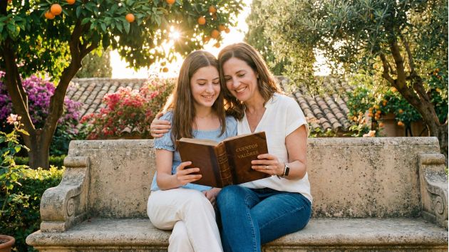 Una madre enseñando valores tradicionales a su hija en un entorno tranquilo.