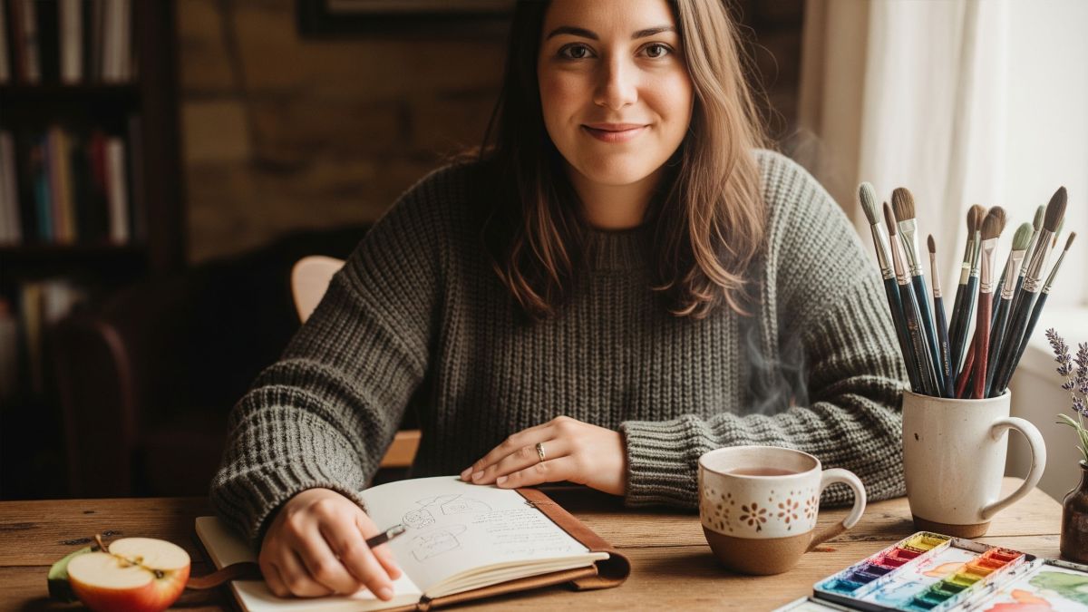 Femme qui commence une pratique créative avec carnet et pinceaux sur un bureau