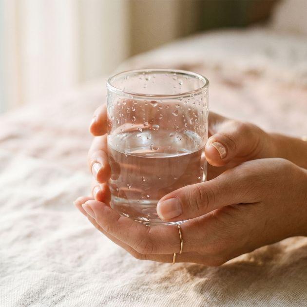 Woman's hands holding a clear glass of water in natural light, representing the female body's natural moisture and hydration — women's health editorial