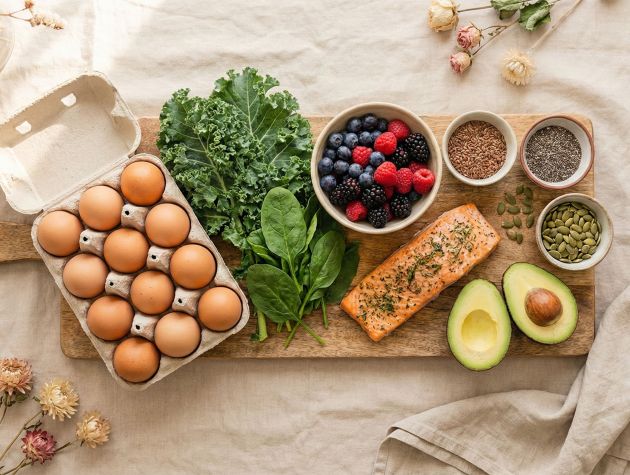 Una selección de alimentos integrales que apoyan el equilibrio hormonal en mujeres, incluidos huevos, verduras de hoja verde, bayas, pescado y semillas.