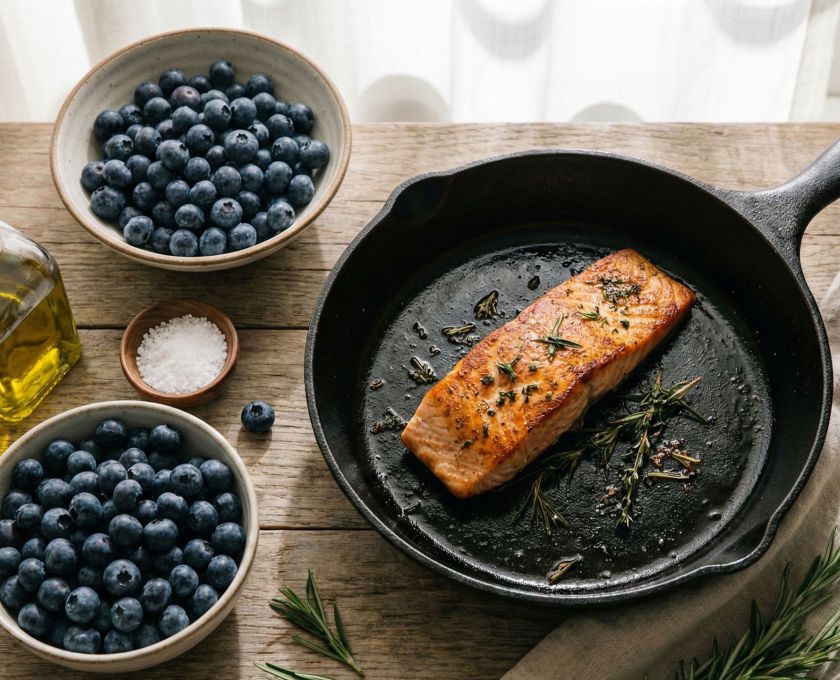 A variety of anti-inflammatory foods like salmon, berries, and healthy fats on a rustic wooden table.