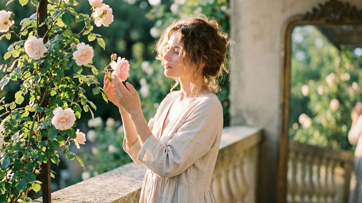 Une femme dans une lumière douce réfléchissant à son parcours vers la confiance en son corps et l’amour de soi.
