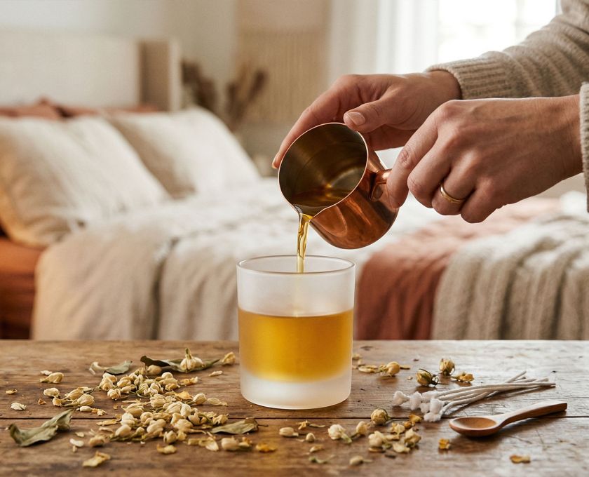 A woman crafting a scented soy candle for a romantic date night.