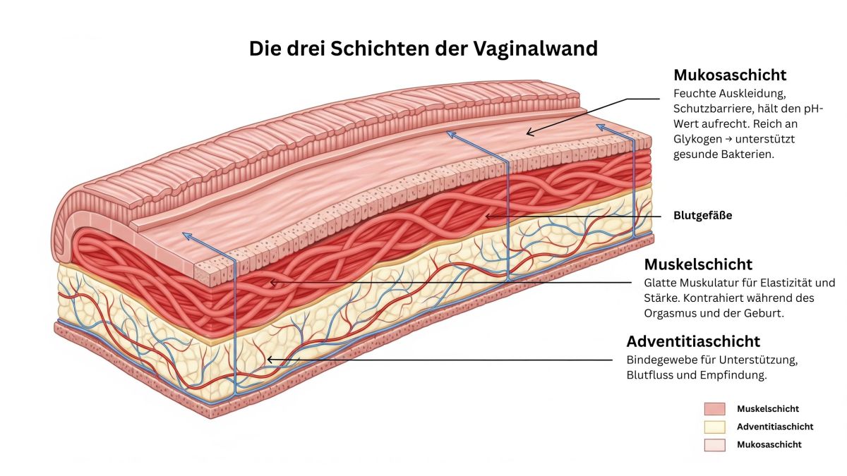 Beschrifteter Querschnitt der Vaginalwand mit Schleimhaut, Muskelschicht und Adventitia