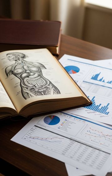 Open book with anatomical drawings and educational materials on a table