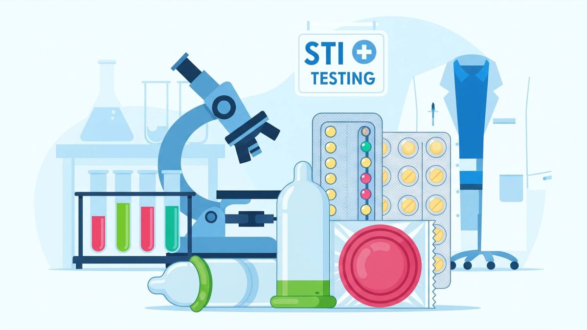 Illustration of safe sex protection methods including condoms and birth control pills