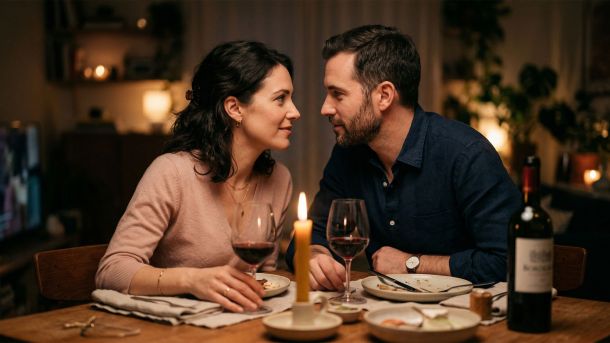 A couple sharing a warm, candlelit dinner at home, laughing and leaning toward each other in genuine connection
